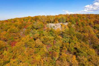 Aerial drone image of the Coopers Rock state park overlook over the Cheat River valley in the autumn looking towards Cheat Lake near Morgantown, WV