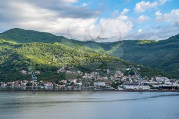 Port town of Bijela on coastline of Gulf of Kotor in Montenegro