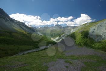 Mountain landscape. Highlands, the mountain peaks, gorges and valleys. The stones on the slopes.