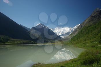 The mountain river in the mountains. Current through the gorge the river. Stones and rocky land near the river. Beautiful mountain landscape.