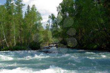 The mountain river in the mountains. Current through the gorge the river. Stones and rocky land near the river. Beautiful mountain landscape.