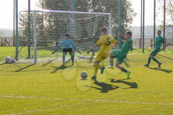 Football game. Training matches junior teams and fans.