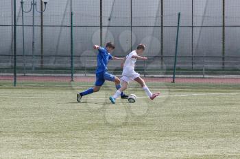 Football game. Training matches junior teams and fans.