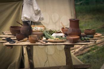 Still life from ancient clay pots. Old times life reconstruction.