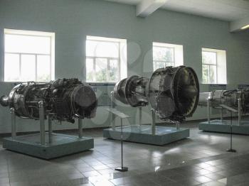 Gatchina, Russia - June 16, 2016: Museum of the history of aircraft engine building. Aircraft engines on stands. Turbine engines and internal combustion engines. Models of aircraft construction.