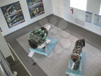 Gatchina, Russia - June 16, 2016: Museum of the history of aircraft engine building. Aircraft engines on stands. Turbine engines and internal combustion engines. Models of aircraft construction.