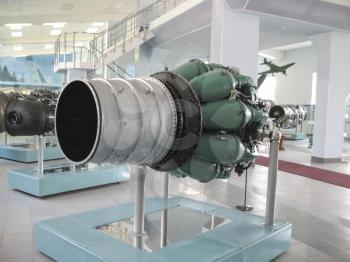 Gatchina, Russia - June 16, 2016: Museum of the history of aircraft engine building. Aircraft engines on stands. Turbine engines and internal combustion engines. Models of aircraft construction.