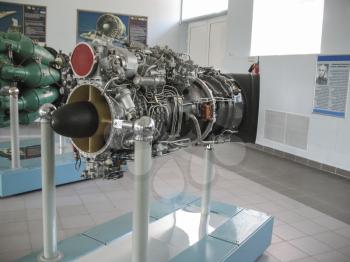 Gatchina, Russia - June 16, 2016: Museum of the history of aircraft engine building. Aircraft engines on stands. Turbine engines and internal combustion engines. Models of aircraft construction.