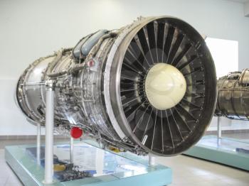 Gatchina, Russia - June 16, 2016: Museum of the history of aircraft engine building. Aircraft engines on stands. Turbine engines and internal combustion engines. Models of aircraft construction.