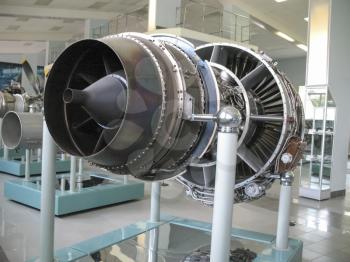 Gatchina, Russia - June 16, 2016: Museum of the history of aircraft engine building. Aircraft engines on stands. Turbine engines and internal combustion engines. Models of aircraft construction.