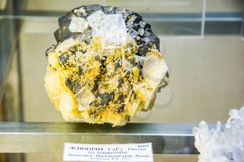 Fersman Museum, Moscow, Russia - February 14, 2018: Meteorites and minerals in the museum. Mineralogical museum