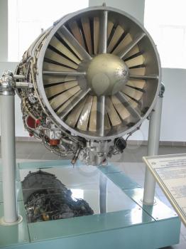 Gatchina, Russia - June 16, 2016: Museum of the history of aircraft engine building. Aircraft engines on stands. Turbine engines and internal combustion engines. Models of aircraft construction.