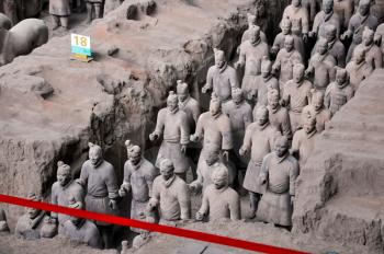 XIAN, CHINA - October 29, 2017: Terracotta Army. Clay soldiers of the Chinese emperor. Sculptures of the soldiers of the emperor.
