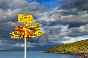 Signpost in the Stirling Point, Bluff, New Zealand.  Most southern mainland point of New Zealand
