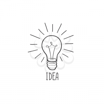 Lamp bulb isolated over white background with handwritten lettering. Great idea icon concept. Doodle line hand drawn sketch illustration