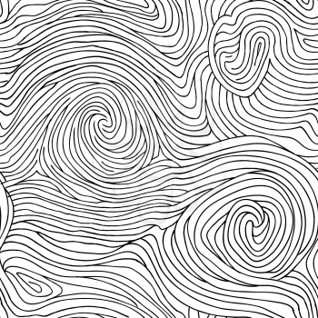 Abstract swirl line doodle seamless pattern. Wooden wave texture. black and white background