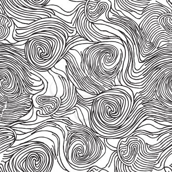 Abstract swirl chaotic line doodle seamless pattern Ocean wave texture black and white background