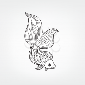 Fish isolated on white background. Doodle Line Art  pattern of underwater marine life in retro chinese style.