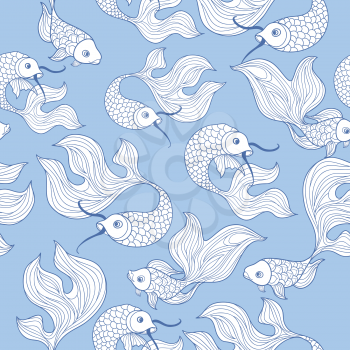Fish isolated on white background. Doodle Line Art Seamless pattern of underwater marine life in retro chinese style.