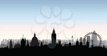 London city buildings silhouette over morning sky. English urban landscape. London cityscape with landmarks. Travel Untied Kingdom skyline background.