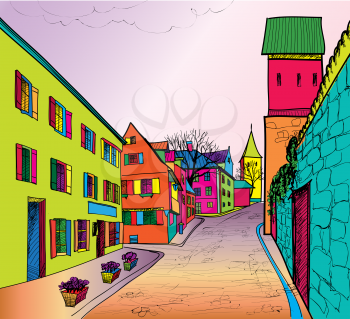 Travel postcard in 1960s pop art style. Pedestrian street in the old european city with tower on the background. Historic city street. Funck urban sceene wallpaper.