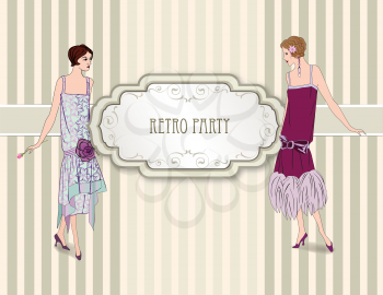 Retro party invitation design. Flapper girl over vintage background with copy space in 1920s style.