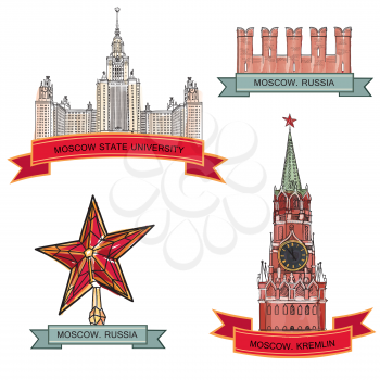 Moscow City Label set. Red brick wall, Spasskaya tower, Moscow State University, Kremlin star. Travel icon vector collection.