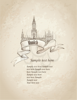 German landmark symbol. Travel Munich vintage engraved background.