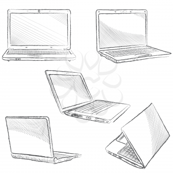 Laptop set. Computer hand drawn sketch doodle engraved illustration. Gadget different view isolated on white background