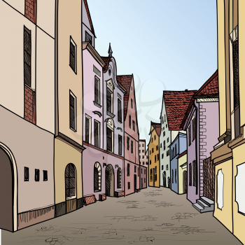 Old town. Pedestrian street in the old european city. Historic city street. Hand drawn sketch. Vector illustration. 