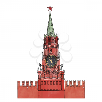 Moscow city symbol. Spasskaya tower, Red Square, Kremlin, Moscow, Russia. Travel icon sketch vector illustration. 