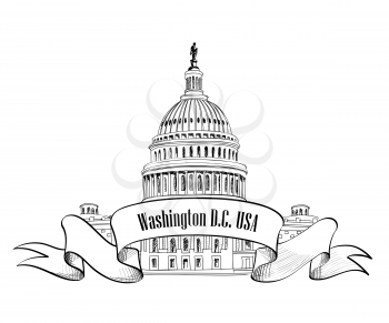 Washington DC symbol. United States Capitol (Capitol hill, U. S. Capitol dome). Vector hand drawn sketch isolated on white background.