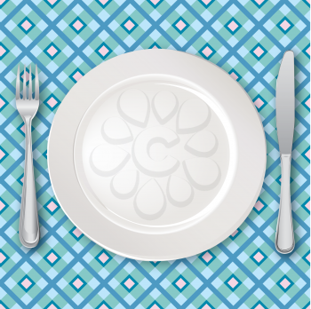 Table setting set. Fork, Knife, Spoon, Empty Plate set. Cutlery white collection. Catering vector illustration. Restaurant service. Banquet still life