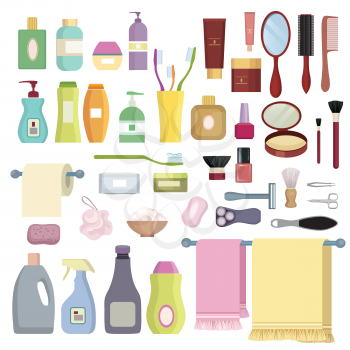 Beauty care related object set. Hygiene symbols. Bath supplies, shower, tooth care, brushes, towel and razors.
