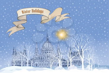 Winter holiday snow background. Merry Christmas greeting card. Snowy city wallpaper.
