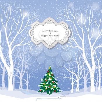 Christmas background. Snow winter landscape.  Retro Merry Christmas greeting card.