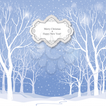 Christmas background. Snow winter landscape.  Retro Merry Christmas greeting card.