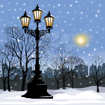Winter city landscape. Park alley in snow with steel light. Snowy street. Christmas background. 