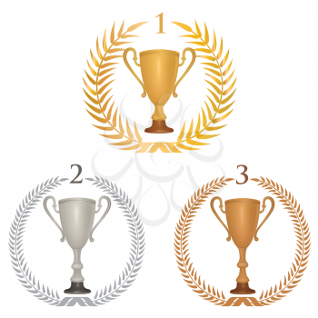 Winner cup trophies set with laurel wreath. Golden, silver and bronze awards isolated.