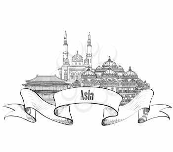 Travel Asia label. Famous buildings and landmarks. Asian capital city emblem.