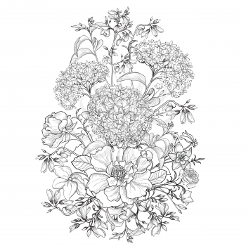 Flower bouquet. Floral frame. Flourish bouquet card. Summer engraving decor background