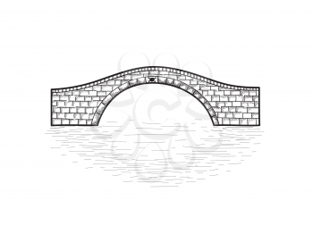 Small stone bridge isolated. Engraving retro illustration. Doodle line art