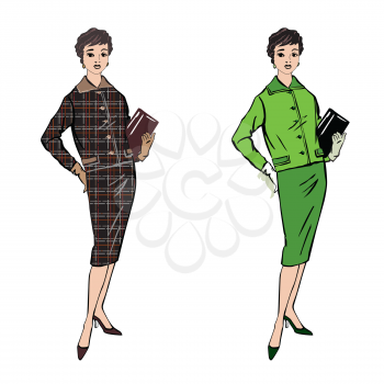 Stylish fashion dressed girls (1950's 1960's style): Retro fashion party. vintage fashion silhouettes from 60s.