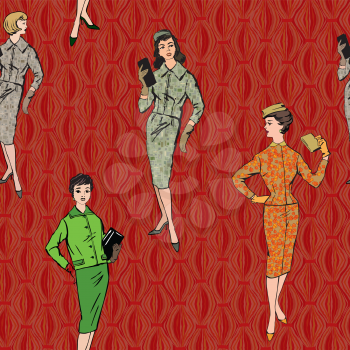 Stylish fashion dressed girls (1950's 1960's style): Retro fashion party. vintage fashion silhouettes from 60s.