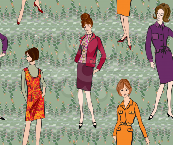 Vintage dressed girl 1960's style. Retro fashion party seamless pattern.