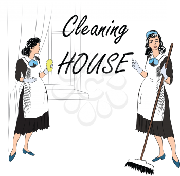 Cleaning service. Women, cleaning room. Vector illustration of a maids cleaning the room