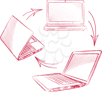 Laptop set. Computer hand drawn sketch doodle engraved illustration. Gadget different view isolated on white background