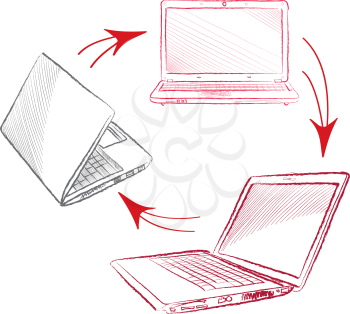 Laptop set. Computer hand drawn sketch doodle engraved illustration. Gadget different view isolated on white background