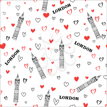 Travel GB seamless pattern. London vacation wallpaper. Travel Europe background. English Landmark tiled grunge pattern.
