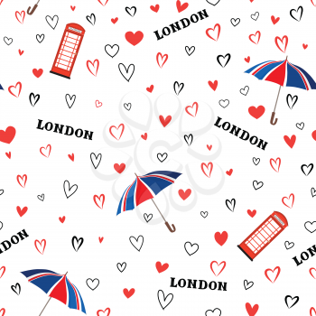 Travel London city seamless pattern with love hearts and umbrella. British landmark wallpaper.  European vacation background